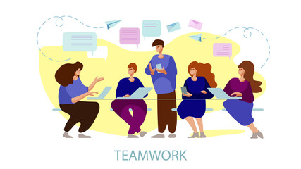 Men and women with computers at the table are having a business conversation. Teamwork in the office. Vector illustration