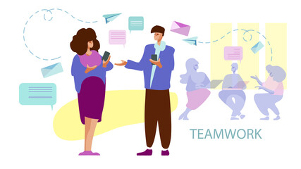 A man and a woman are having a business conversation, exchanging messages. Teamwork in the office. Vector illustration