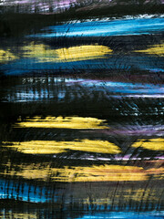 Fototapeta na wymiar Colorful bright stripes, brush stroke on black, creative abstract hand painted background