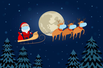 Santa Claus in medical mask flying on reindeer sleigh above forest. Cartoon. Vector illustration.