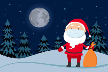 Santa Claus in medical mask standing in night forest. Cartoon. Vector illustration.