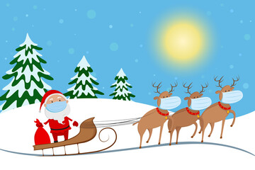 Santa Claus in medical mask riding on reindeer sled. Cartoon. Vector illustration.
