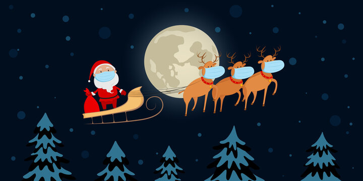 Santa Claus in medical mask flying on reindeer sled. Cartoon. Vector illustration.