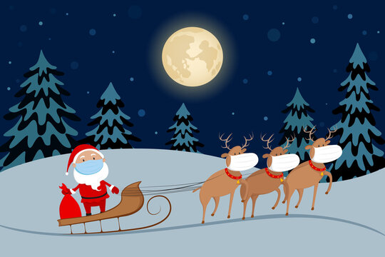 Santa Claus in medical mask riding on reindeer sleigh in night forest. Cartoon. Vector illustration.