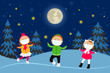 Children in medical masks playing in winter forest. Outdoor activity concept. Vector illustration.