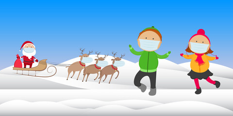 Obraz na płótnie Canvas Kids in protective masks meet Santa Claus on reindeer sleigh. Vector illustration.