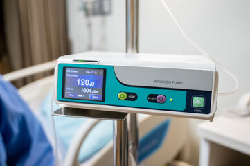 Health care series: Closeup of working infusion pump in hospital room