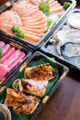 Food series: Various Japanese food, salmon sashimi, foie gras, Tuna sashimi, delivery food