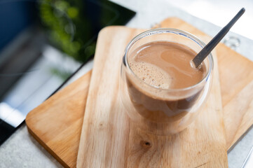Coffee series: Hot milk coffee on wooden plates