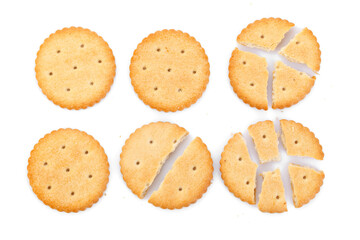 Dry cracker cookies isolated on white background. Saltines isolated. Top view, concept of food. Close-up.