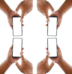 Obraz na płótnie Canvas Hand pointing to four smartphone screen on white background.
