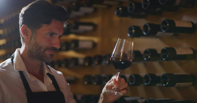 Authentic shot of happy successful male winemaker is tasting a flavor and checking red wine quality poured in transparent glass  in a wine cellar.