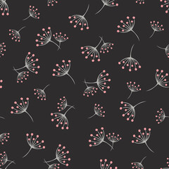 Vector floral seamless pattern. Abstract background with simple small scattered flowers. Liberty style wallpapers. Elegant ditsy texture. Pink, gray and black color. Design for decoration, print, web
