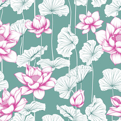 Seamless Pink Lotus Flowers with Green Leaves on Green Background for Fabric and Decorative Patterns