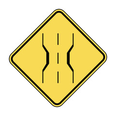 Narrow bridge road sign. Vector illustration of yellow diamond shaped traffic sign with tight bridge icon inside. Information for drivers. Narrow culvert symbol isolated on white background.