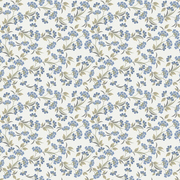 Vector floral seamless pattern. Abstract background with simple small blue flowers, green leaves. Liberty style wallpapers. Elegant ditsy texture. Subtle floral ornament. Repeat design for decor, wrap