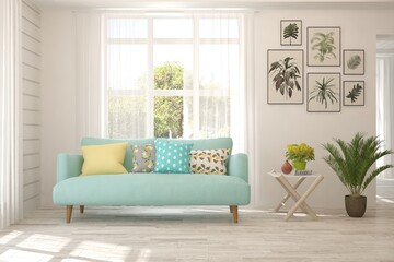 White living room with sofa and summer landscape in window. Scandinavian interior design. 3D illustration