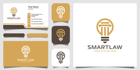 creative bulb lamp and pillar logo and business card design. Idea creative light bulb law, lawyer logo.