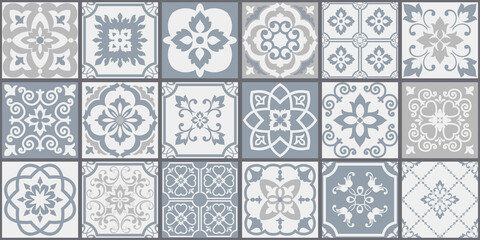 Collection of 18 ceramic tiles in turkish style. Seamless colorful patchwork from Azulejo tiles. Portuguese and Spain decor. Islam, Arabic, Indian, Ottoman motif. Vector Hand drawn background - 379179559