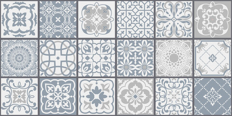 Collection of 18 ceramic tiles in turkish style. Seamless colorful patchwork from Azulejo tiles. Portuguese and Spain decor. Islam, Arabic, Indian, Ottoman motif. Vector Hand drawn background - obrazy, fototapety, plakaty