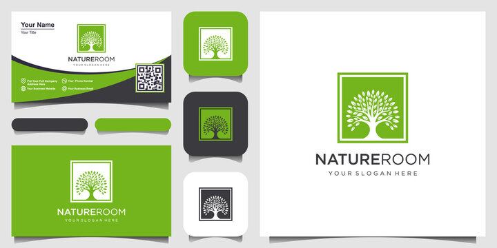 tree logo with square concept design elements. Green Garden Vector Logo Template and business card design