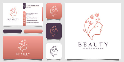 creative Beautiful woman's face flower with line art style logo and business card design. Abstract design concept for beauty salon, massage, magazine, cosmetic and spa.