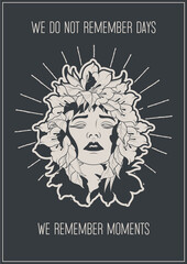 Female Face, Floral Wreath, Quote Tattoo Design 