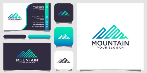 illustration of mountain with line art style logo and business card design vector.