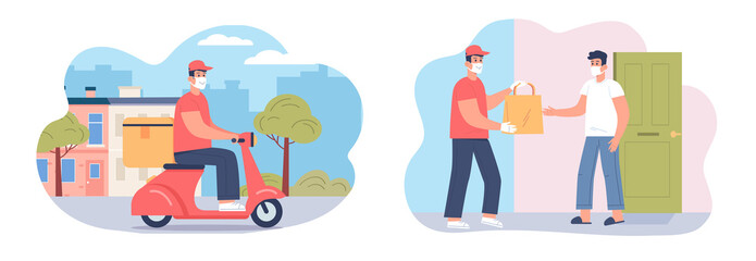 Delivery service cartoon  illustration. The courier delivers some order to the client