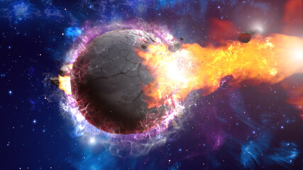 3d rendering. Meteorite crashing against planet earth