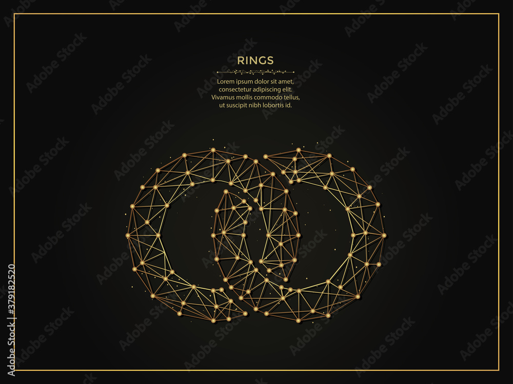 Wall mural connected rings golden abstract illustration on dark background. geometric shape polygonal template 