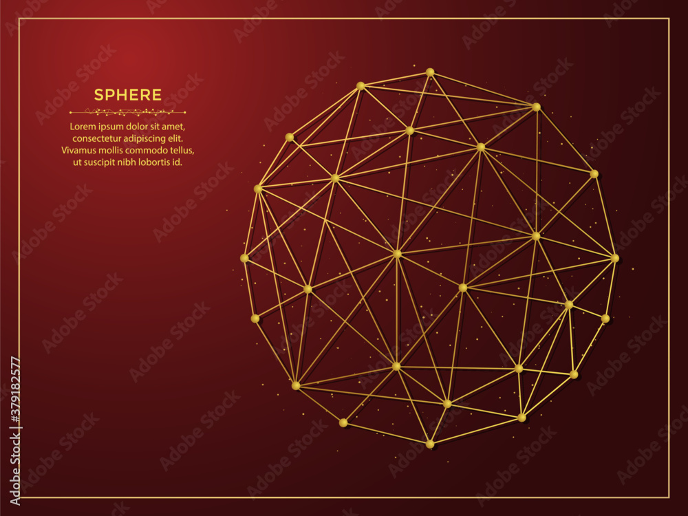 Poster sphere golden abstract illustration on dark red background. geometric shape polygonal template made 