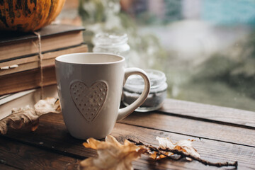 Fall styled composition. Autumn breakfast still life. Scandinavian hygge concept. Morning concept....