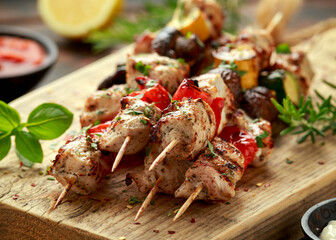 Chicken kebab, BBQ, skewers with mushrooms, red sweet pepper, zucchini and beer. Party food