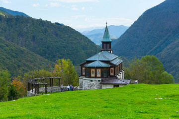 Fototapeta na wymiar Javorca, Memorial Church of the Holy Spirit, Triglav National Park, Municipality of Tolmin, Slovenia, Europe