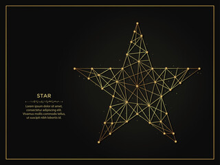Pentagonal Star golden abstract illustration on dark background. Geometric shape polygonal template made from lines and dots.