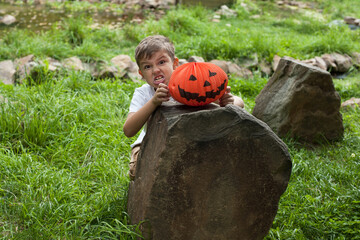 
The boy hid behind a rock from the pumpkins for Halloween. Autumn photo on a background of grass...