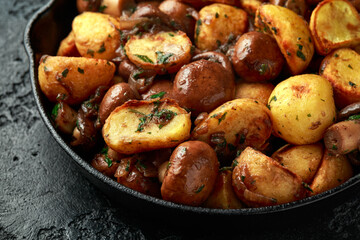 Baked potato with mushrooms and herbs in iron cast pan