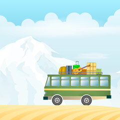 Naklejka premium Village bus in the mountaine vector illustration