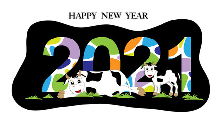 2021 and HAPPY NEW YEAR font with cow skin pattern on black background, Creative cute colorful paper cut art design for Greeting card in Year of ox for flyers, posters, banners and calendar