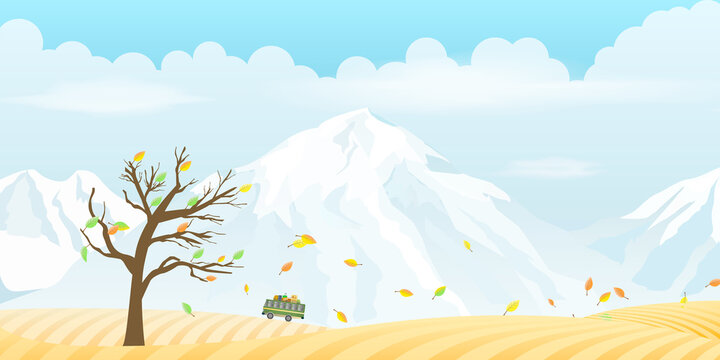 Autumn landscape with snow mountains, tree, leafs and bus vector illustration