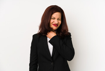 Middle age latin business woman isolated suffers pain in throat due a virus or infection.