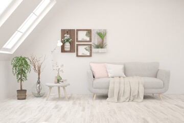 White living room with sofa. Scandinavian interior design. 3D illustration