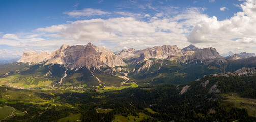 Aerial/Drone - Piz de Medesc (Medesspitze) and Cima Cunturines (Cunturines-Spitze) beautiful panorama landscape of the dolomites mountains, alpes south tyrol Italy	