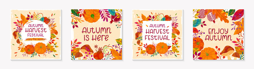 Autumn seasonals postes with leaves and floral elements in fall colors.Greetings and harvest fest banners perfect for prints,flyers,banners,invitations.Trendy fall designs.Vector autumn illustrations
