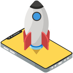 
Rocket with mobile phone showing smartphone launch icon
