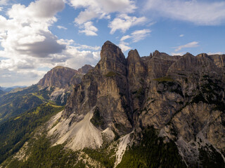 Aerial/Drone - Aerial panoramic view of Pizes de Cir - Cirspitzen. Panorama in the Dolomites Mountanis in South Tyrol Italy.