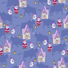 New Years pattern with Santa, fairy houses, snowman and lanterns. Lilac background with silhouettes of bulls. Textile composition, template for design print, fabric, wallpaper and box.