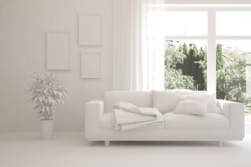 White living room with sofa and summer landscape in window. Scandinavian interior design. 3D illustration
