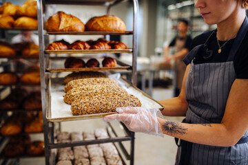 Baker placing tray with freshly baked crispy golden croissants on a shelf to cool